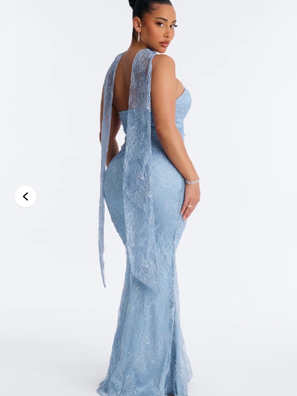 Elegant Light Blue Lace Evening Gown with Draped Back Detail